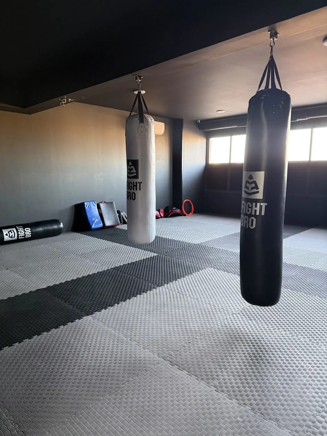 Salle de boxe et MMA avec sacs de frappe et tatamis